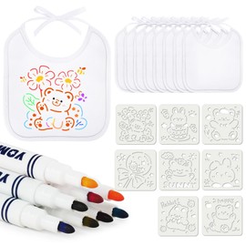 Aolso Baby Bibs for Painting, 8 Pieces Baby White Bibs, Waterproof Bibs for Baby with 8 Textile Pens and 8 Painting Stencils, Gift for Baby Shower Party, Drool Bib (18 x 18 cm)