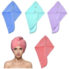 Gabrella 4 Packs Microfiber Hair Towel Wrap for Women, Hair Turbans for Wet Hair, Absorbent Quick Dry Hair Drying Towels with Button (Blue, Green, Pink, Purple)