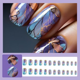 24 Pcs Purple Blue Ombre Press on Nails Short Square - YEFIUO Winter Fall Fake Nails Press ons Nail Art Tips Full Cover Acrylic False Nails Glue on Nails Stick on Nails Kit Gold Glitter Stripes Women