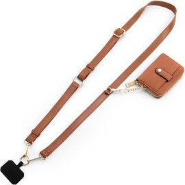 Diaclara Clip and Go Leather Phone Strap with Zipper Pouch- Stylish Crossbody Adjustable Lanyard with Wallet for All Phones, Brown