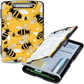 Qindaiwen Clipboard with Storage, 9.5x14" High Capacity Seamless Bee Storage Clipboard with Pen Holder for Women & Kids, Ideal for Work, School & Office Supplies, Cute Clip Boards Side Opening