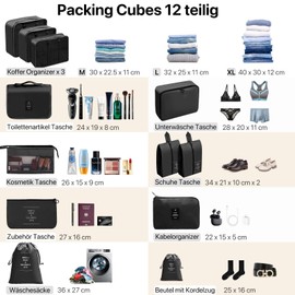 Chijoo 12-Piece Suitcase Organiser Set (Black) - Packing Cubes Set, Packing Cubes, Suitcase Organiser, Suitcase Organiser - Travel Gadget & Travel Organiser Set