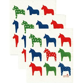 Trendy Tripper Earth-Friendly European Compostable Sponge Cloths (aka) Swedish Dishcloths - 3-Packs Different Patterns (3-Pk Multi Dala Horse)