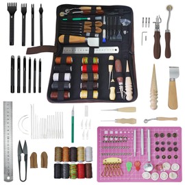 AMOGTO Leather Working Tools Leather Craft Tools Kit with Storage Bag, Leather Carving Tools Leather Craft Making for Punching Cutting Stamping Carving Sewing