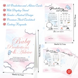 Predictions & Advice Cards for Shower Games, Advice and Wishes for New Parents to Be, 50 Pcs Party Prediction Cards, Display Stand, Boys Girls Gender Reveal Games for Guests, Style-004