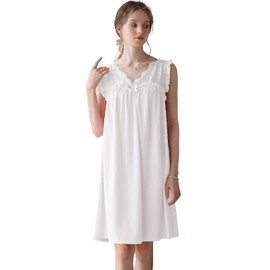 Nanxson Women's Knitted Cotton Nightdress Sleep Shirt Sleeveless Night Dress Lace V-Neck Sleepwear Loungewear, White