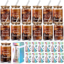 Layhit 12 Set Employee Appreciation Gifts Thank You Gifts for Staff Coworker Thank You Glass Cups 16 oz Can Shaped Beer Glass with Lids Straws Brushes Gift Boxes Ribbon for Team Women Men(Awesome)
