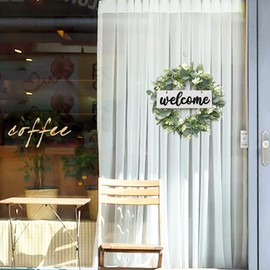 Dremisland Wreath for Front Door 16 Inch Eucalyptus Leaves Wreath Green Leaves Wreath with Welcome Sign Door Wreath Spring Summer Wreath for Farmhouse Home Porch Indoor Outdoor Decor (White)