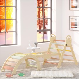 investfun Pikler Triangle Set, Baby Climbing Playset Toys Indoor, Jungle Gyms for Toddlers Ages 1-4, Toddler Climbing Playground with Cushion & Toy Car (Bohemia & Cushion & 2Car)