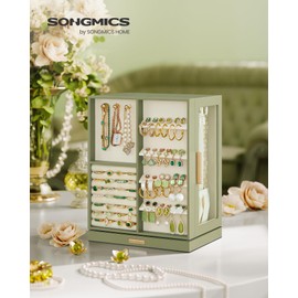 SONGMICS Jewelry Box 360° Rotating, Jewelry Storage Case with 5 Drawers, Jewelry Organizer, Glass Window, Spacious, Vertical Jewelry Storage, Open Design, Great Gift, Laurel Green UJBC170C02