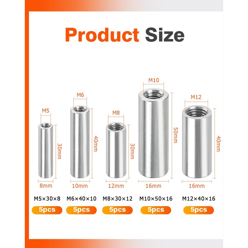 Jeboler M12 x 40 mm Round Threaded Sleeves, Pack of