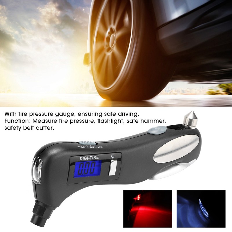 Multifunctional Outdoor Safety Emergency Car Flashlight Tire Pressure Gauge Cutter
