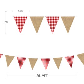 26Ft Red Plaid Vintage Linen Bunting Banner Party Decorations Red Checkered Burlap Triangle Flag Pennant Hessian Garland Streamer for Rustic Boho Birthday Wedding Baby Shower Christmas Picnic Decor