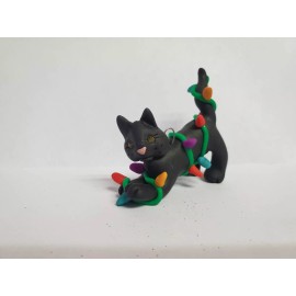 Celtic Forest Clay BLACK CAT Christmas Ornament TANGLED IN LIGHTS Stretching HAND MADE
