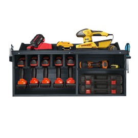 Pro-Lift Cordless Drill Organizer – wall mount power tool storage rack, 5 hanging slots, wooden M-004W1