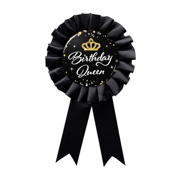 WOWOPA Birthday Queen Tinplate Badge Pin, Happy Birthday Black Corsage Button for Women Girl Birthday Award Ribbon Party Decorations 1pcs
