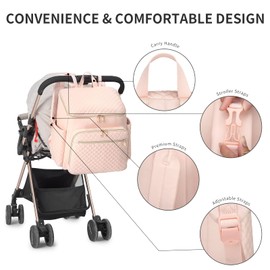 seyfocnia Diaper Bag Backpack for Women, Diaper Bag Leather with Stroller Strap Large Opening, 30L Cute Waterproof Travel Bag for Mom Dad, Pink