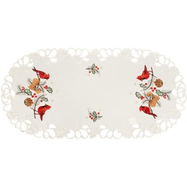 Embroidered Christmas Red Cardinals and Pine Cones on White Satin Table Runner Dresser Scarf 14 x 27 Inches