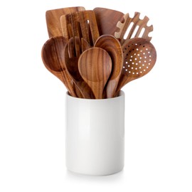 Nucookery Wooden Cooking Utensils Set with Holder, Teak Wood Kitchen Utensils Set, Ceramic Utensils Holder for Countertop, Nonstick Wooden Spoons for Cooking Spatula Set 10 Pcs, Natural Kitchen Decor