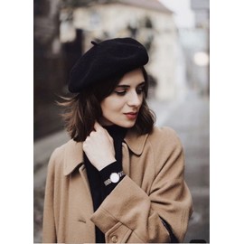 Women French Wool Beret Hats - Solid Color Classic Beanie Winter Cap (Thicker-Black)
