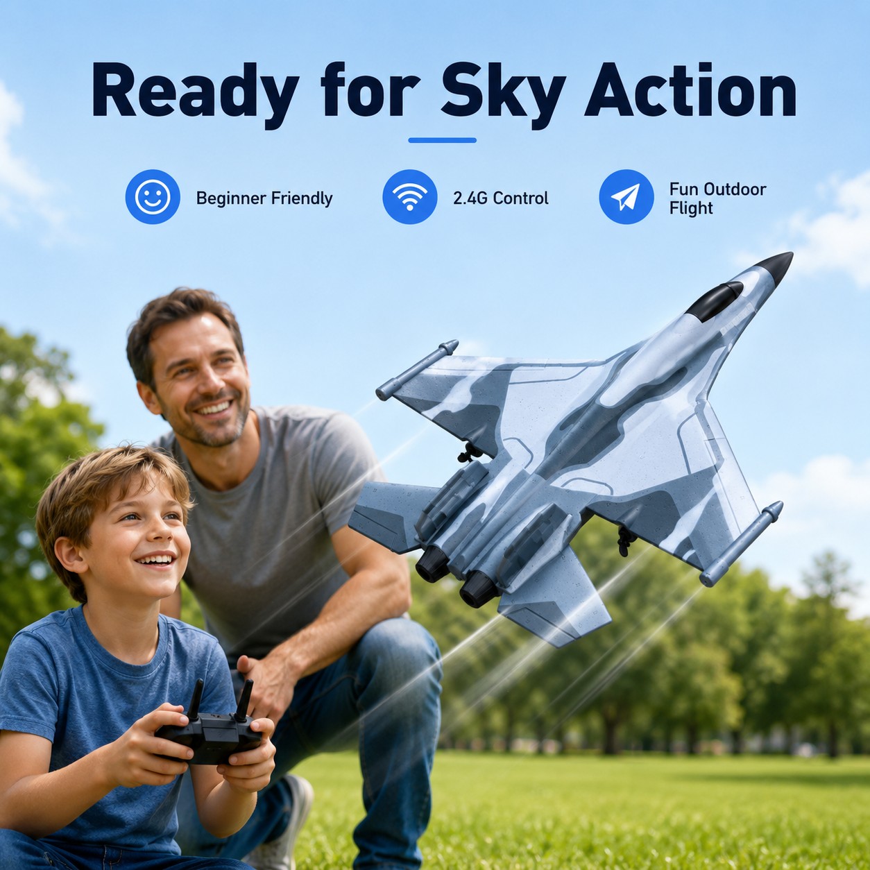 RC Fighter Airplane for Kids – Foam Remote Control Glider with LED Lights for Outdoor Flying Fun