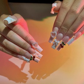 Press On Nails with Nail Glue, Fake Nails for Women Girls, Short Long Almond Square Ballet Shape Stick On Nails on 24PCS (Heart Bow Cherry)