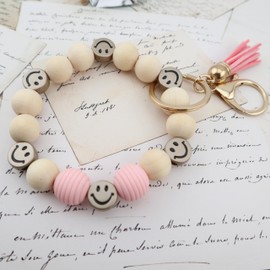 MyfavoriteK Tassel Smiley Keychain Bracelet for Women Wooden Happy Face Beaded Key Ring Wristlet Key Chain for Car Keys (Pink)
