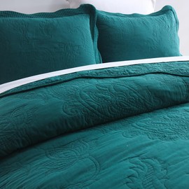 ENASAL Cotton Green Bedspread Quilt Bedding Sets Queen Size, 3 Pieces Reversible Comforters with Ruffle Edge Coverlets for All Seasons, Paisley Floral Stiching Pattern,Turquoise, Queen Size