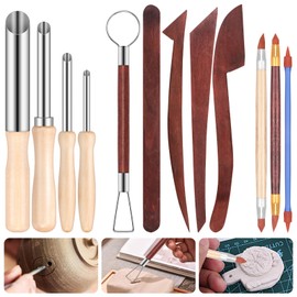 Glarks 12pcs Modeling Clay Sculpting Tools Kit, Includes 4 Styles Circular Clay Hole Cutters, 5 Styles Wood Clay Modeling Tools, 3 Styles Two Head Clay Color Tip Shapers, Clay Pottery Carving Tool Set