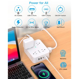 Surge Protector Power Strip, HANYCONY Extension Cord with Multiple Outlets, 5 Ft Ultra Thin Flat Plug 8 Outlets 4 USB Ports(2USB C), 1080J Outlet Extender for Home Office College Dorm Room Essentials