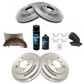 TRQ Front & Rear Disc Brake Rotor & Ceramic Brake Pad Shoe and Drum Kit with Brake Fluid & Cleaner Kit Set Compatible with 2011-2016 Ford Fiesta
