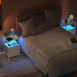 Tohomeor Nightstand with Charging Station LED Light End Table Bedroom Bed Side Dresser with Fabric Drawers Open Storage Shelf Living Room Sofa End Table with USB Ports and Outlet (White, 2 Packs)