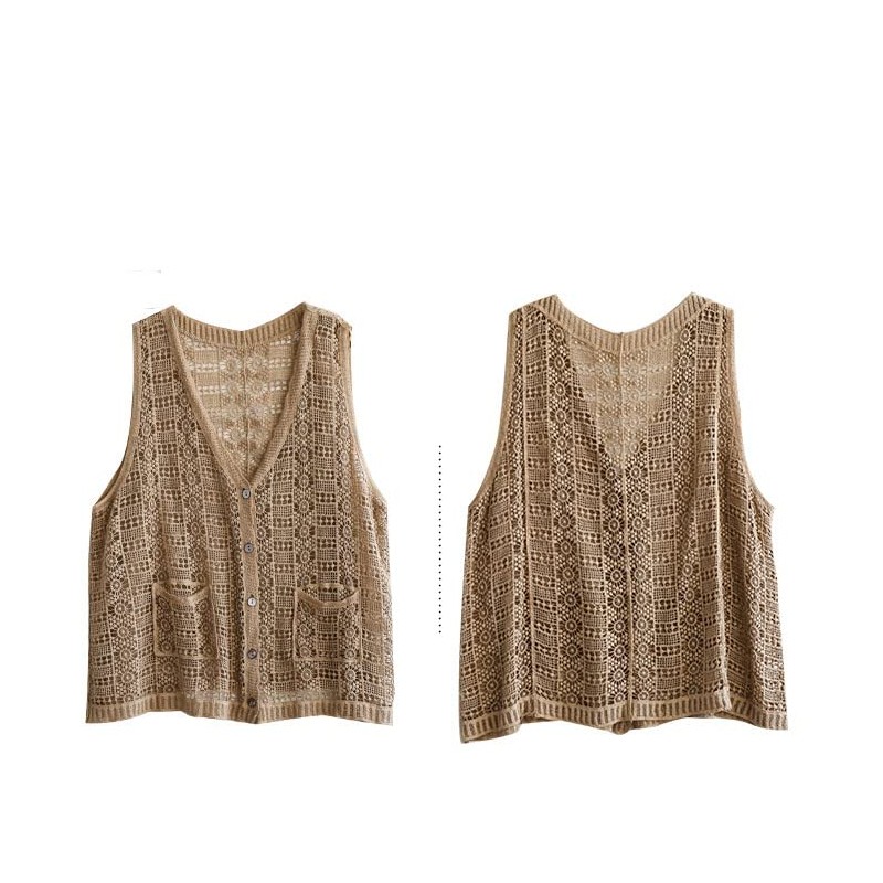Qian qian Women's Vest, Lace Knitting, Hollow Knitting, V Neck