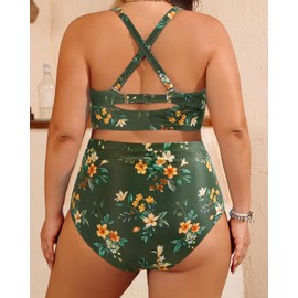Daci Women Plus Size High Waisted Bikini Set - Two Piece Swimsuits Tummy Control Bathing Suit Ruched Bottom 2025 Green Flowers 22 Plus