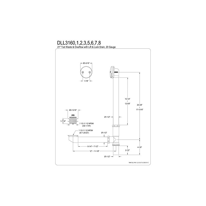 Kingston Brass DLL3168 Bath Tub Drain and Overflow, Brushed Nickel