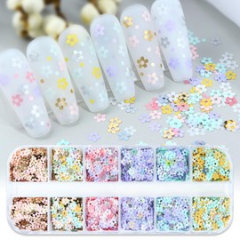 12 Grids Flower Nail Art Glitter Sequins, Mixed Colorful Floral Nail Flakes 3D Confetti Flowers Nail Glitter Charms Acrylic Nails Supplies for Women Girls Manicure Decorations, Flower Nail Art Tips