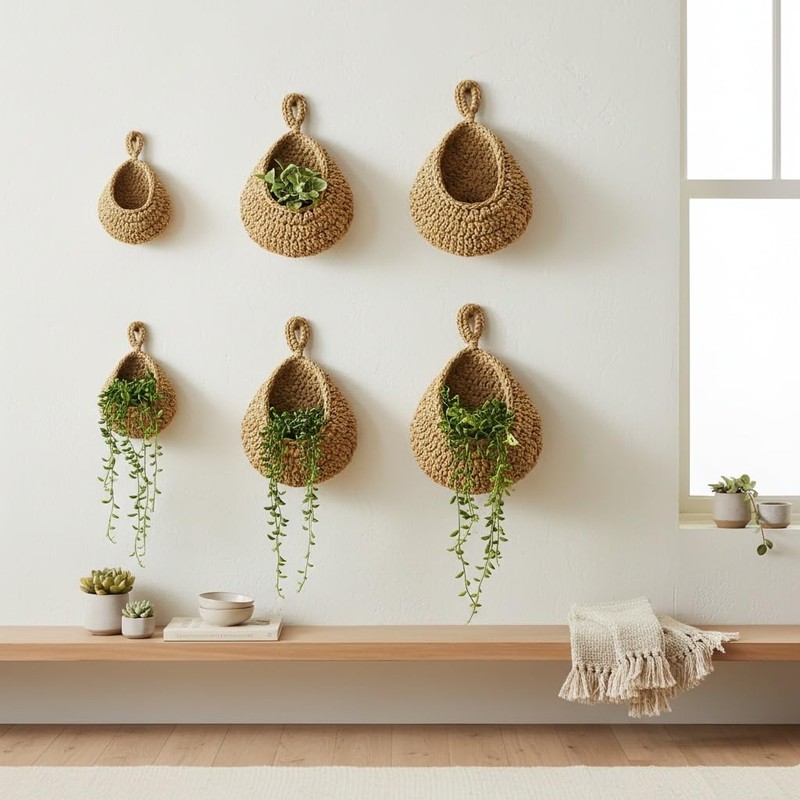 6 Pack Natural Cotton Rope Hanging Basket Hand Woven Wall