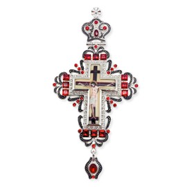 Nazareth Store Red Crystals Pectoral Cross Jesus Christ Priest Bishop Clergy Pendant Christian Long Chain Necklace - Gift Box