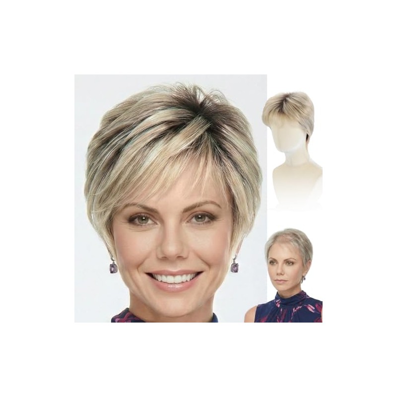 Dark Root Ash Blonde Highlights Pixie Cut Wig for White
