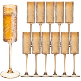 12 Pieces Amber Champagne Flutes,6 OZ Twill Pattern Striped Vintage Stem Glasses Stemware Wine Glasses Champagne Long Stem Drinking Colored Glasses Goblets for Wedding Cocktail Cups,Cava, Prosecco