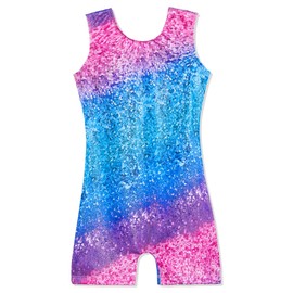 Domusgo Leotard for Girls Gymnastics Size 6-7 Years Old Shiny Gradient Strip Sleeveless Biketard with Shorts