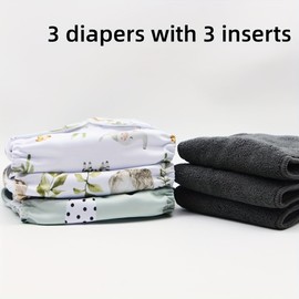 Asenappy 3 pcs Hook and Loop Fasteners Design Baby Reusable Cloth Diapers with 3 Microfier Inserts (Animals Prints)