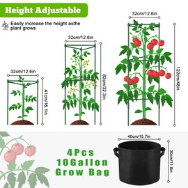 NNG 4 Packs 48 inches Tomato Cages with 10 Gallon Grow Bags,Garden Plant Support Cages,Plant Tower Stakes Garden Trellis for Climbing Plants,Tomato Plant Trellis for Vegetable Fruits Vines