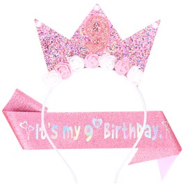 Casoty 9th Birthday Girl Crown Headband and Sash Set – Pink Glitter Princess Tiara with Flowers for Girls Party Dress Up, Birthday Outfit Accessories