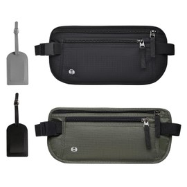 Cangurera de Viaje 2 Piezas, Cinturón de Viaje con Bloqueo RFID, Soporte para Pasaporte, Cremallera Invisible, Riñonera para Viaje, Deporte, Running (Negro + Verde)