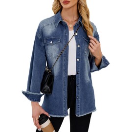 UEAL Womens Spring Jacket Trendy Navy Blue Denim Button Down Jean Shirts for Women Large Nightfall Blue