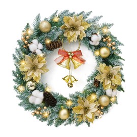Veryhome Christmas Wreath Front Door, Christmas Reef with Lights,18'' Christmas Door Wreath with Pinecones Bells and Gold Poinsettias, Winter Wreath for Indoor Outdoor Christmas Decorations