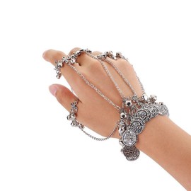 Boho Finger Ring Bracelet Layered Tassel Chain Bracelet Vintage Slave Ring Wrist Bracelet Punk Tassel Hand Harness Bracelet for Girls Gift Jewelry Hip Hop Street Dancing Cosplay(Vintage silver)