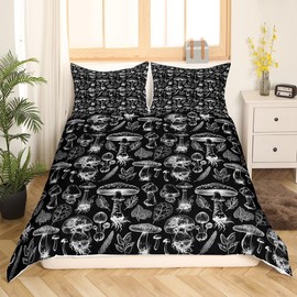 Mushroom Retro Kids Duvet Cover Set Twin Size,Abstract Hand Drawn Sketch Bedding Set,Boys Girls Room Decor,Botanical Plants Weed Flowers Comforter Cover,Black White Boho Quilt Cover,1 Pillowcase