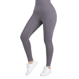 Harrison Howard Full-Seat Silicone Riding Breeches with Embroidery on Side Pockets Secure Zipper High Waist Riding Tights Grey M